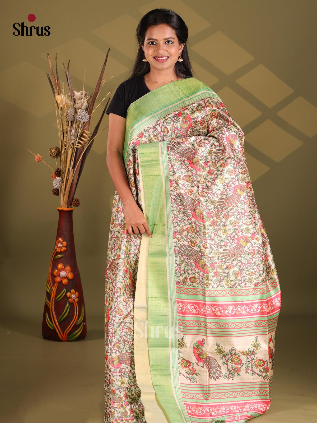 Cream & Pista Green - Champa semitussar Saree - Shop on Shrus.com