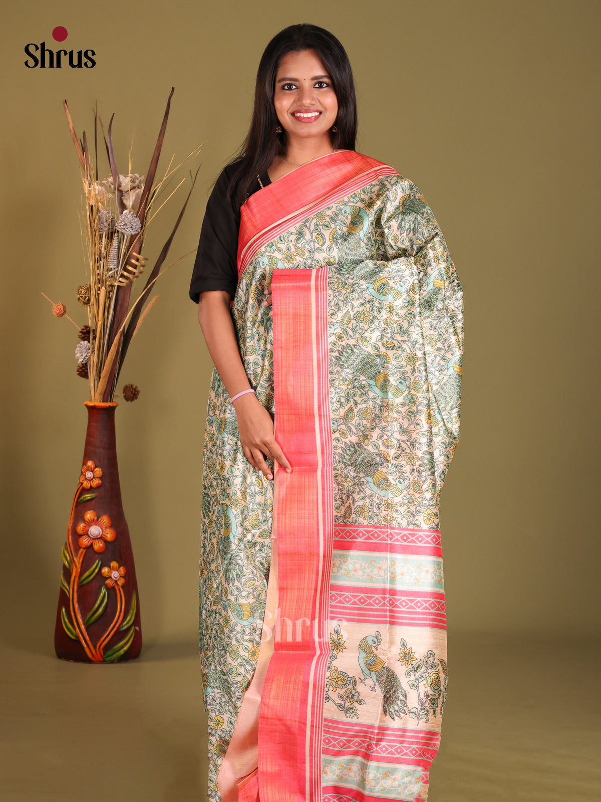 Cream & Pink - Champa semitussar Saree - Shop on Shrus.com