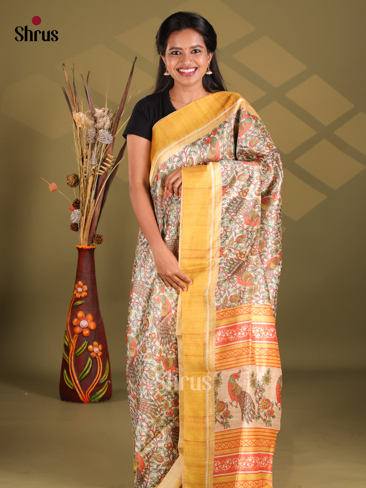 Cream & Mustard - Champa semitussar Saree - Shop on Shrus.com