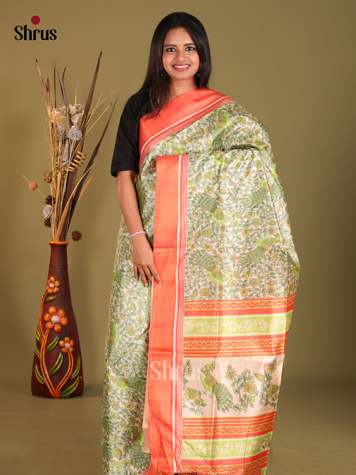Green & Orange- Champa semitussar Saree - Shop on Shrus.com