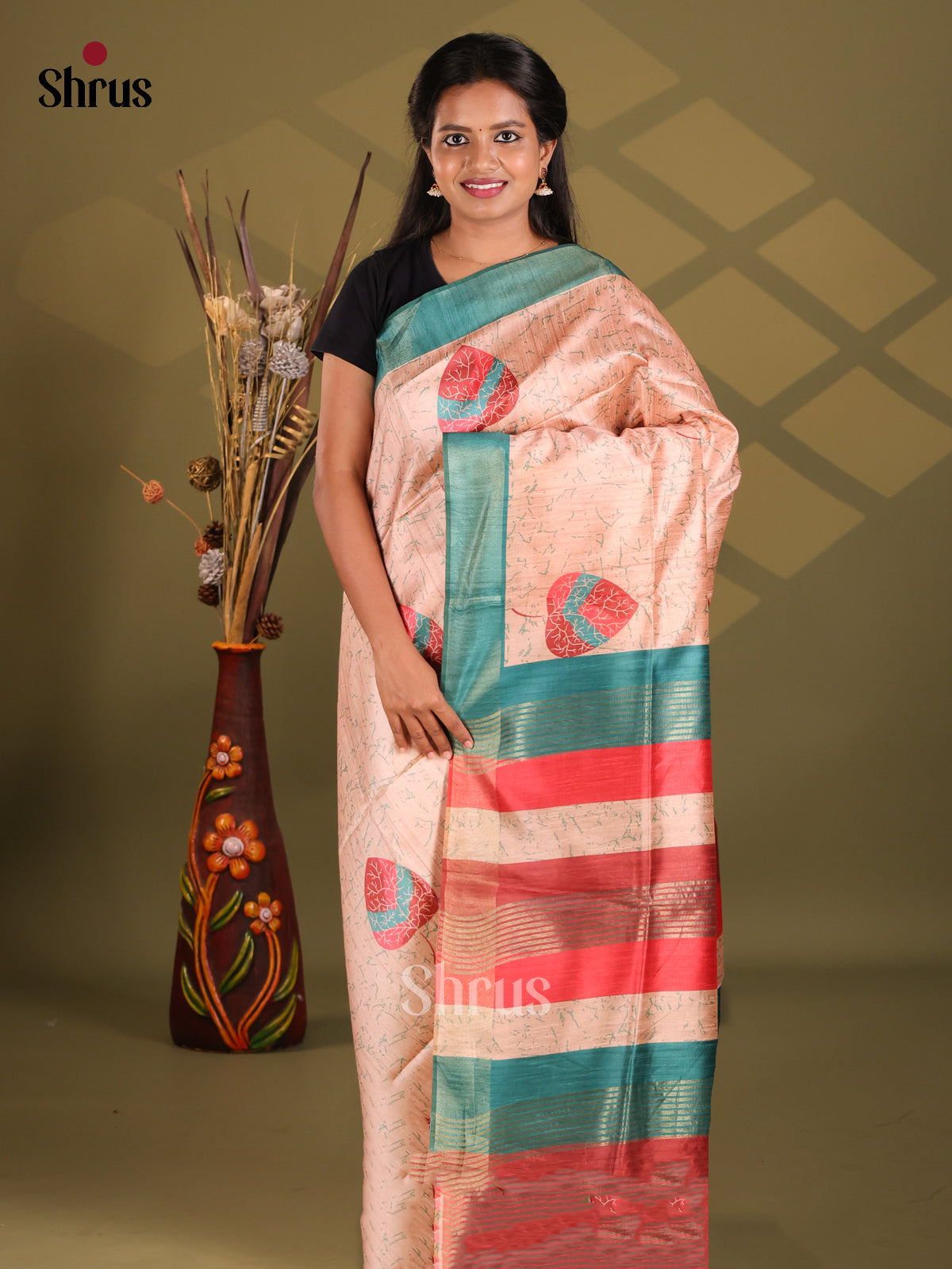 Peach & Teal - Champa semitussar Saree - Shop on Shrus.com