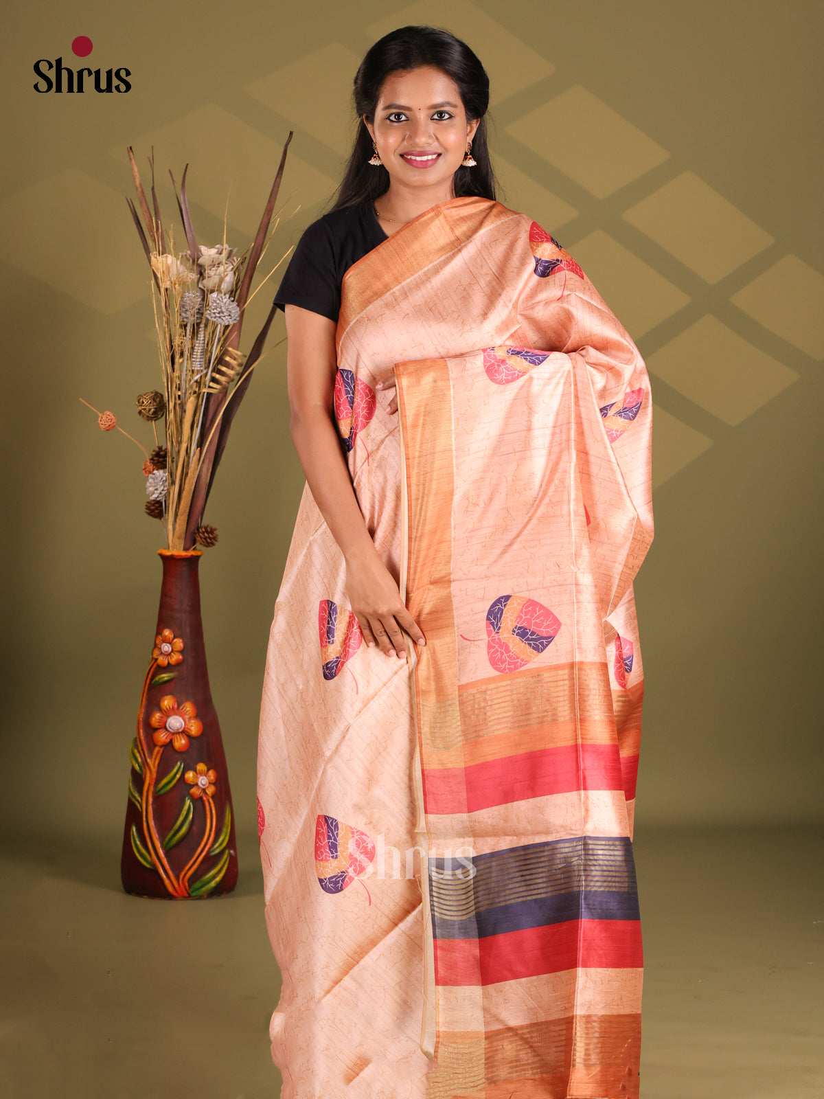Peach & Brown- Champa semitussar Saree - Shop on Shrus.com