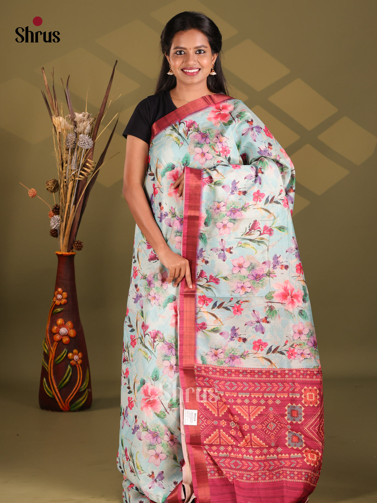 Pastel Blue & Maroon - Champa semitussar Saree - Shop on Shrus.com
