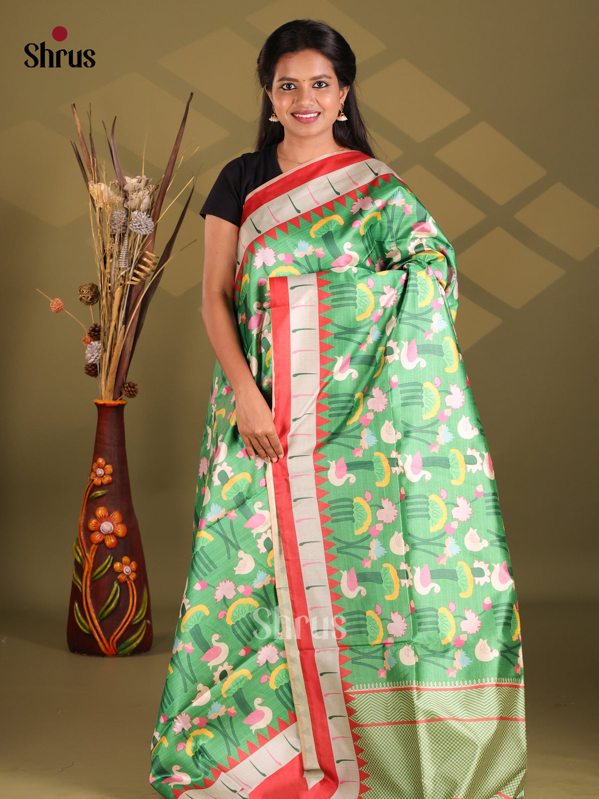 Green & Red - Champa semitussar Saree - Shop on Shrus.com