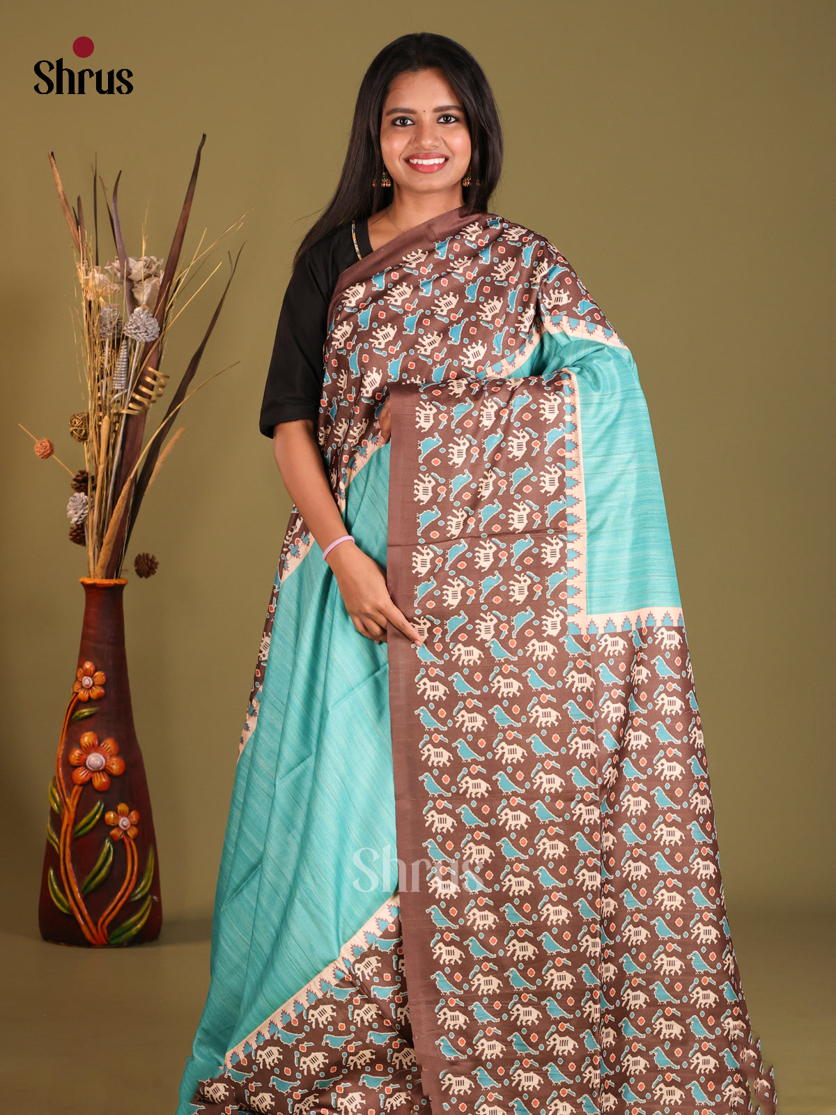 Pastel Blue & Brown - Champa semitussar Saree - Shop on Shrus.com