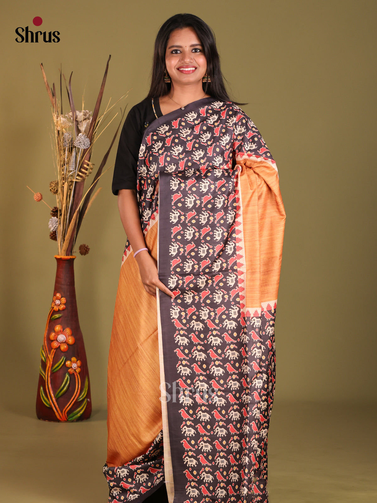 Orange & Brown - Champa semitussar Saree - Shop on Shrus.com