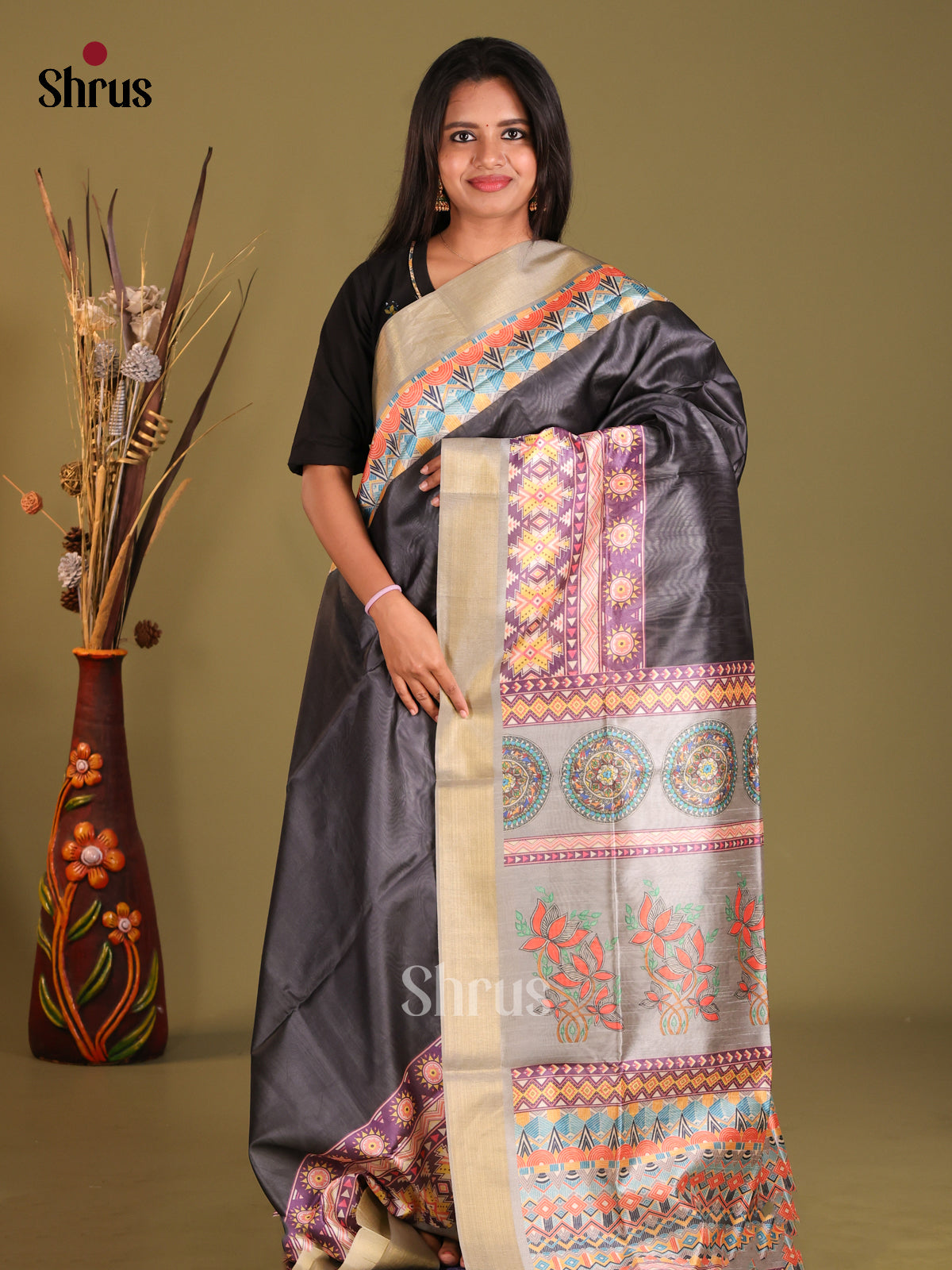 Black & Grey- Champa semitussar Saree - Shop on Shrus.com