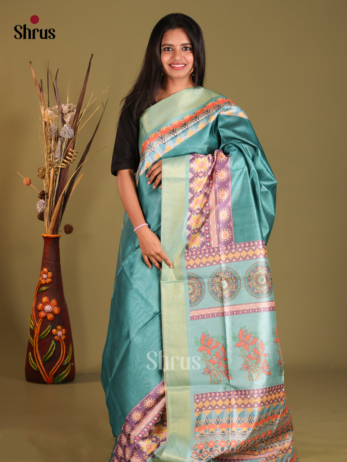 Green & Blue- Champa semitussar Saree - Shop on Shrus.com