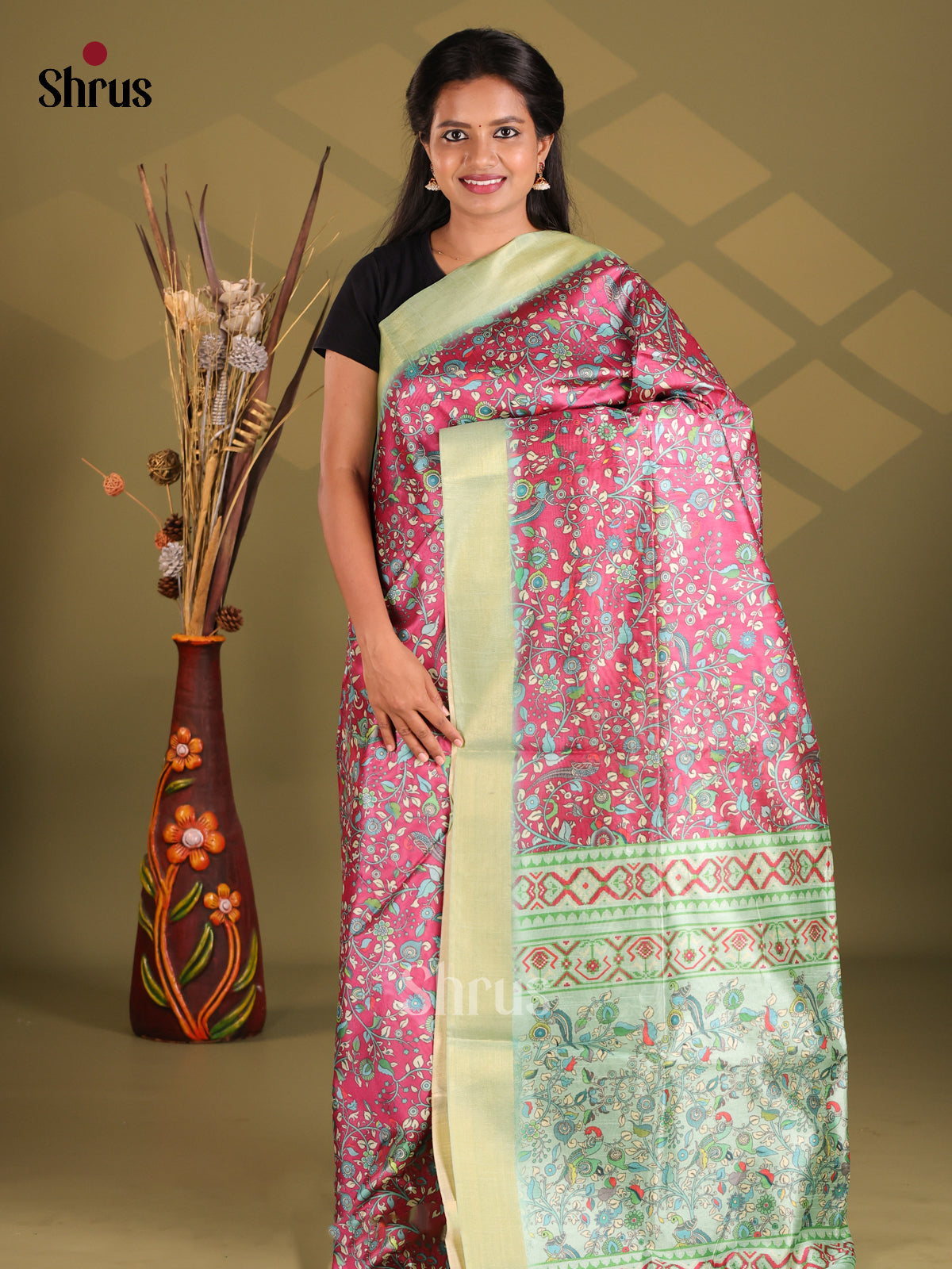 Pink & Green - Champa semitussar Saree - Shop on Shrus.com