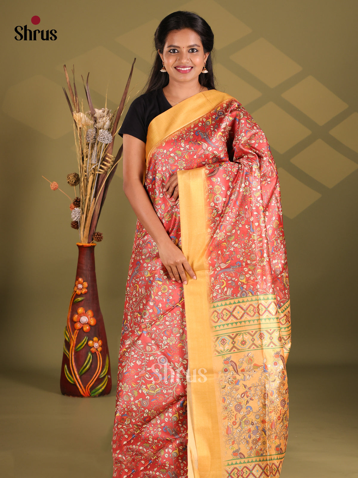 Red & Peach - Champa semitussar Saree - Shop on Shrus.com