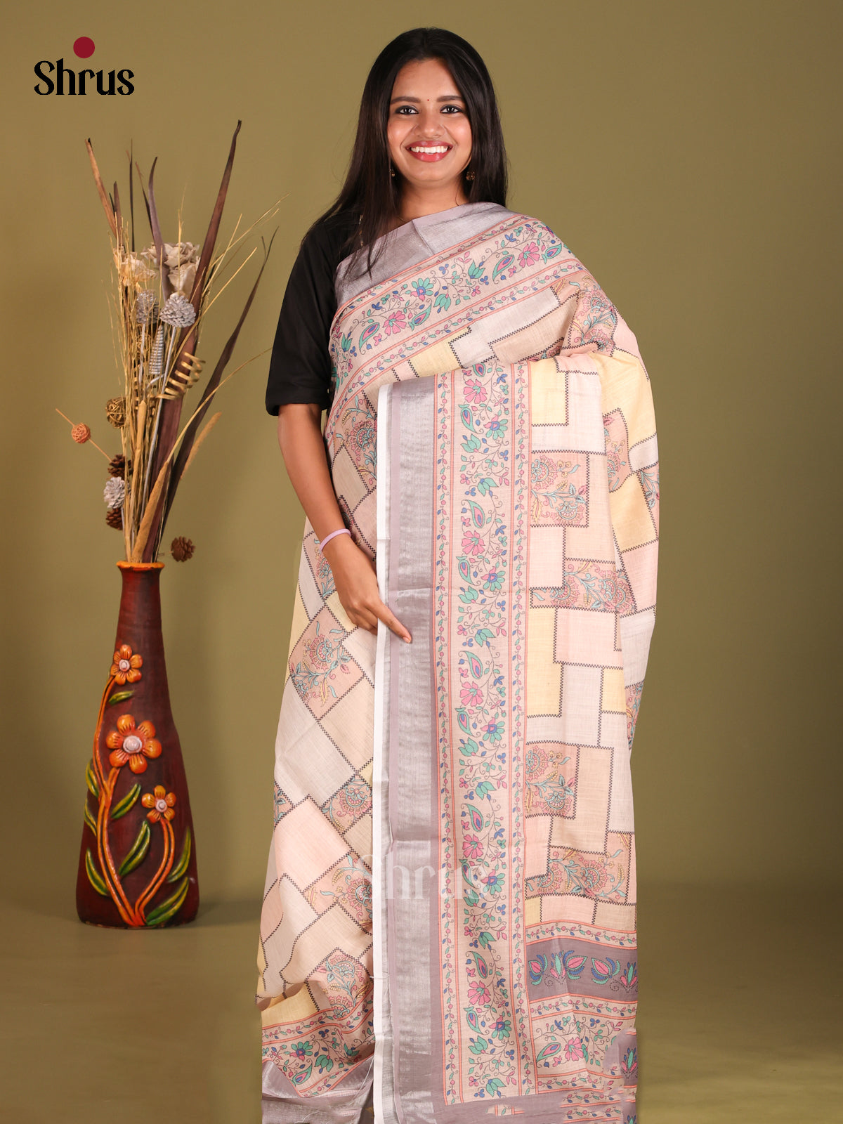 Cream & Peach - Champa semitussar Saree - Shop on Shrus.com