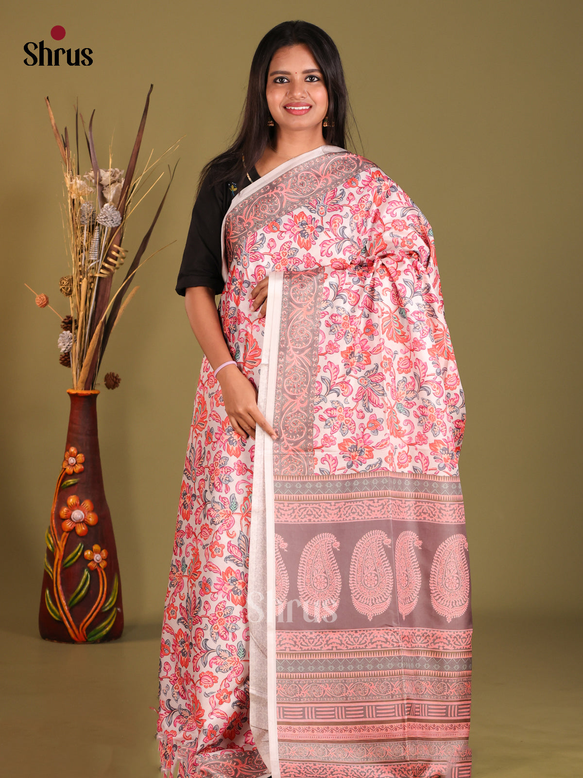Cream & Grey- Champa semitussar Saree - Shop on Shrus.com