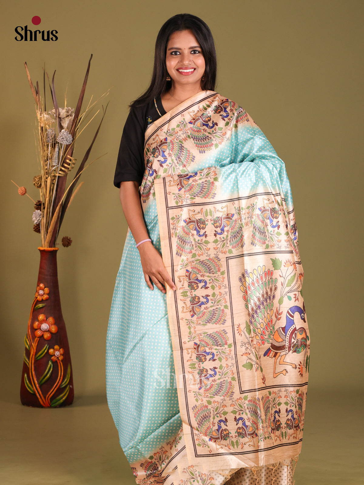 Blue & Cream- Champa semitussar Saree - Shop on Shrus.com