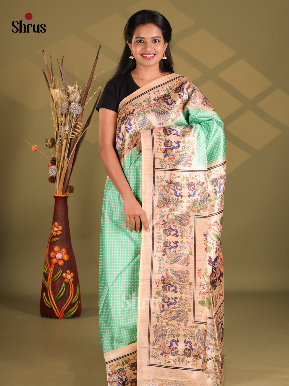 Pista Green & Cream - Champa semitussar Saree - Shop on Shrus.com