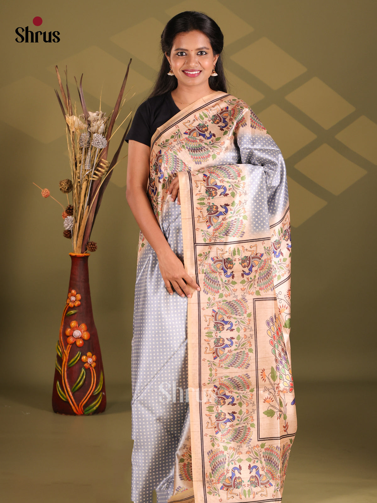 Grey & Cream - Champa semitussar Saree - Shop on Shrus.com