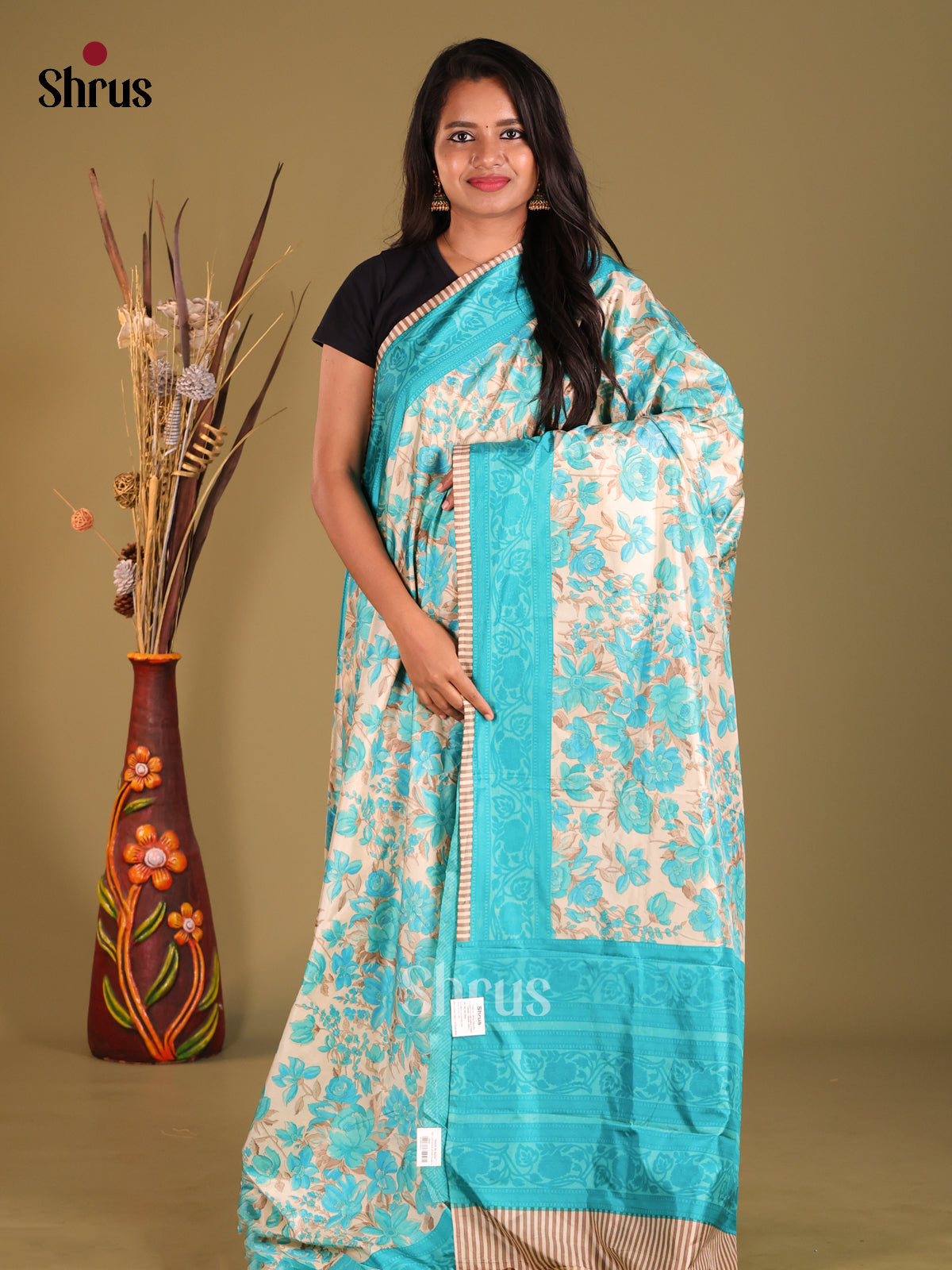 Cream & Blue- Semi Tussar Saree - Shop on Shrus.com