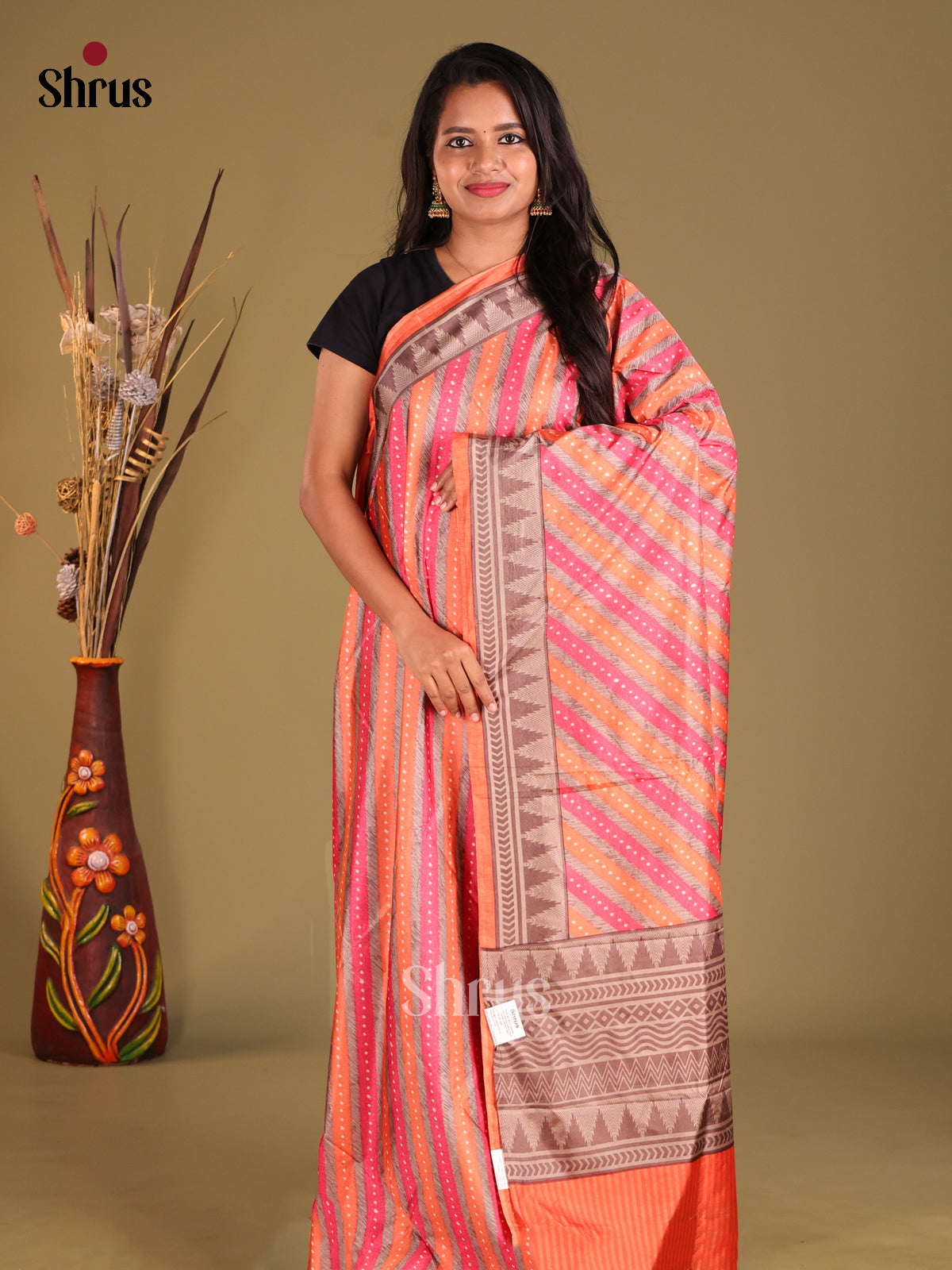 Orange & Pink - Semi Tussar Saree - Shop on Shrus.com