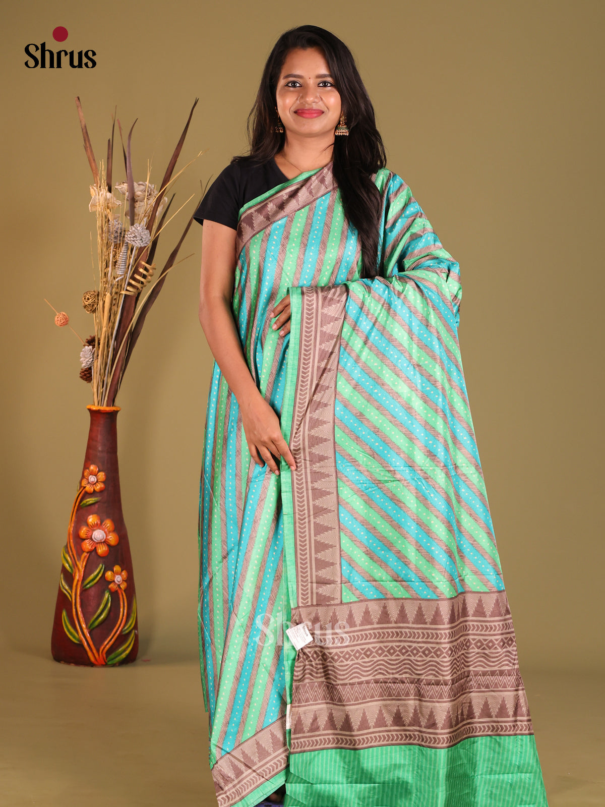 Green- Semi Tussar Saree - Shop on Shrus.com