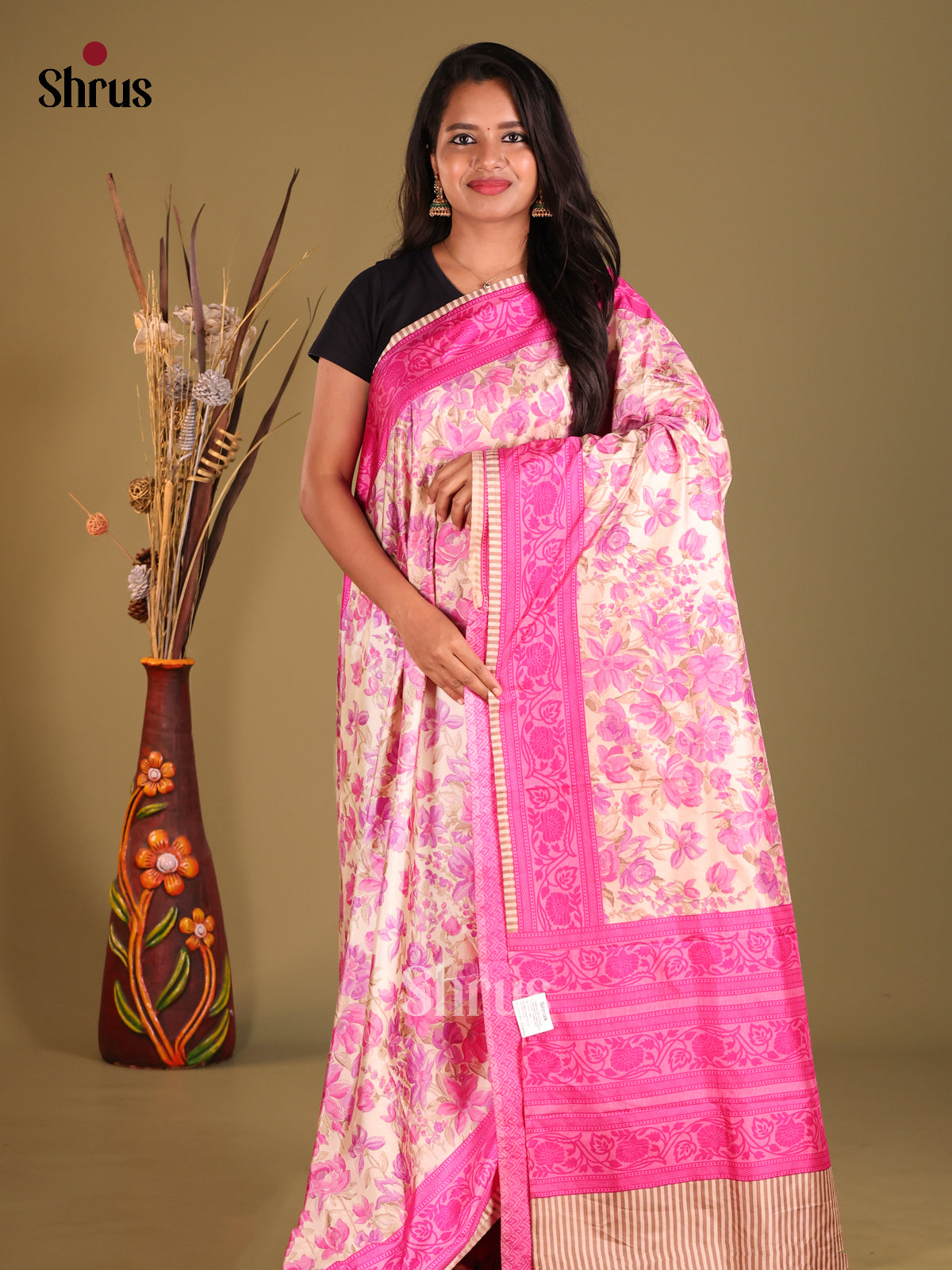 Cream & Pink- Semi Tussar Saree - Shop on Shrus.com