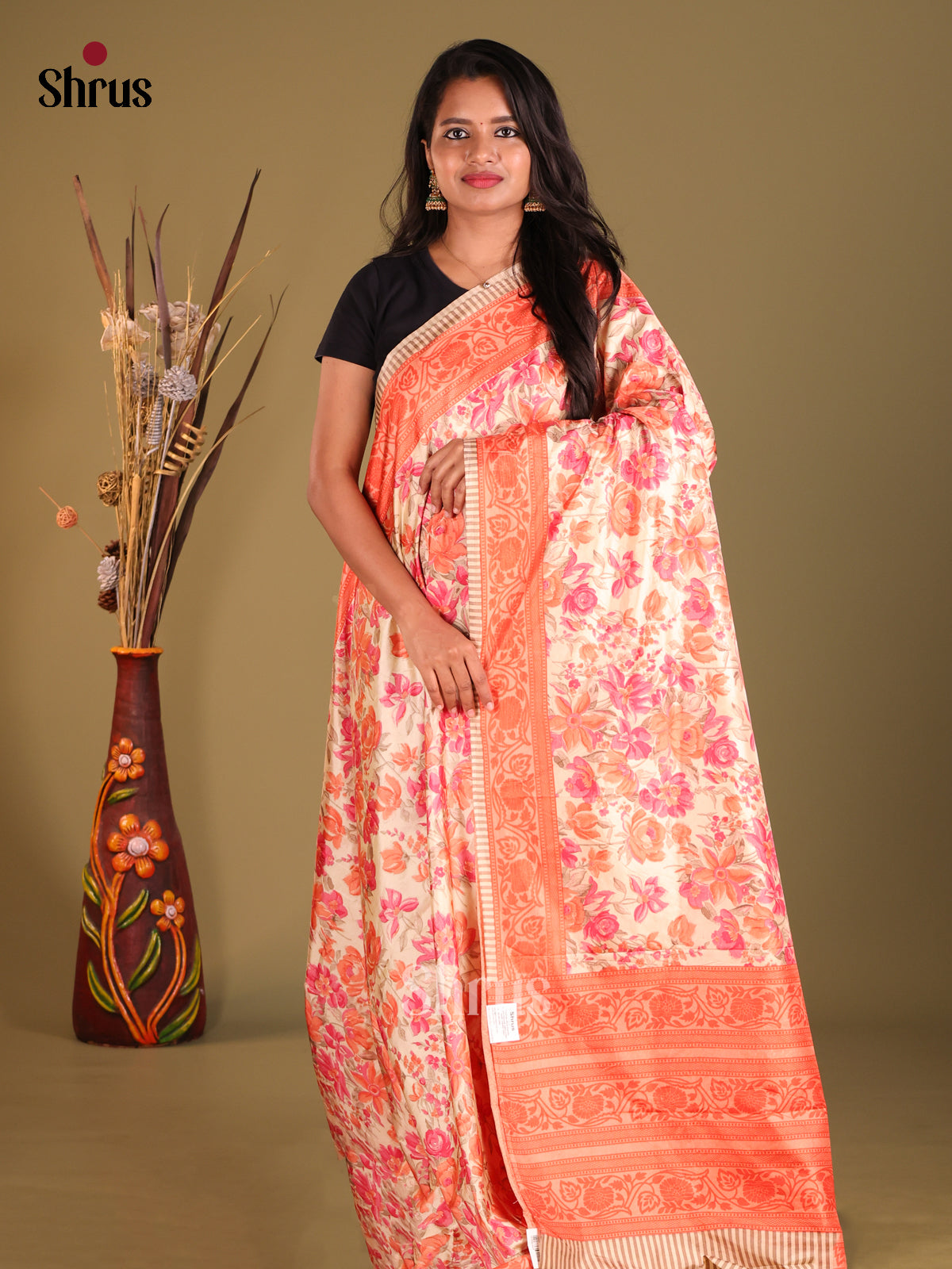 Cream & Orange - Semi Tussar Saree - Shop on Shrus.com