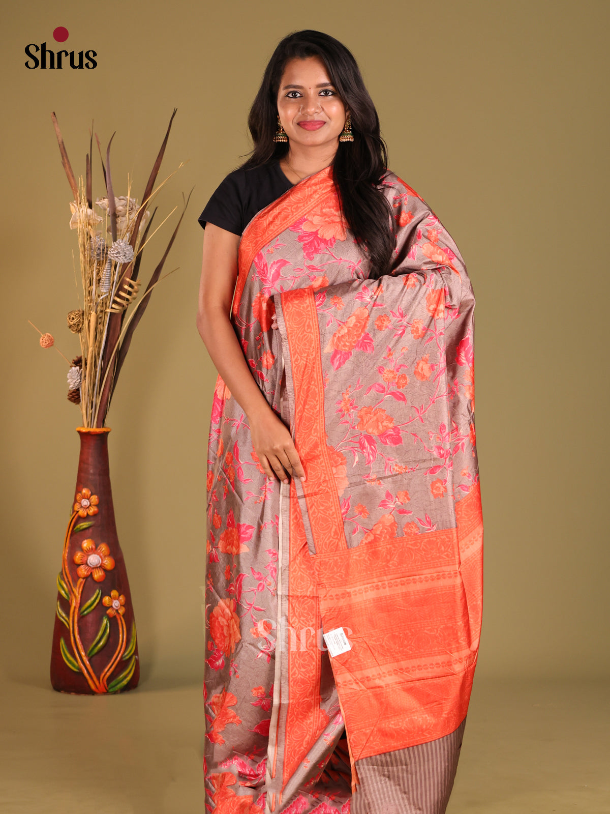 Grey & Orange - Semi Tussar Saree - Shop on Shrus.com