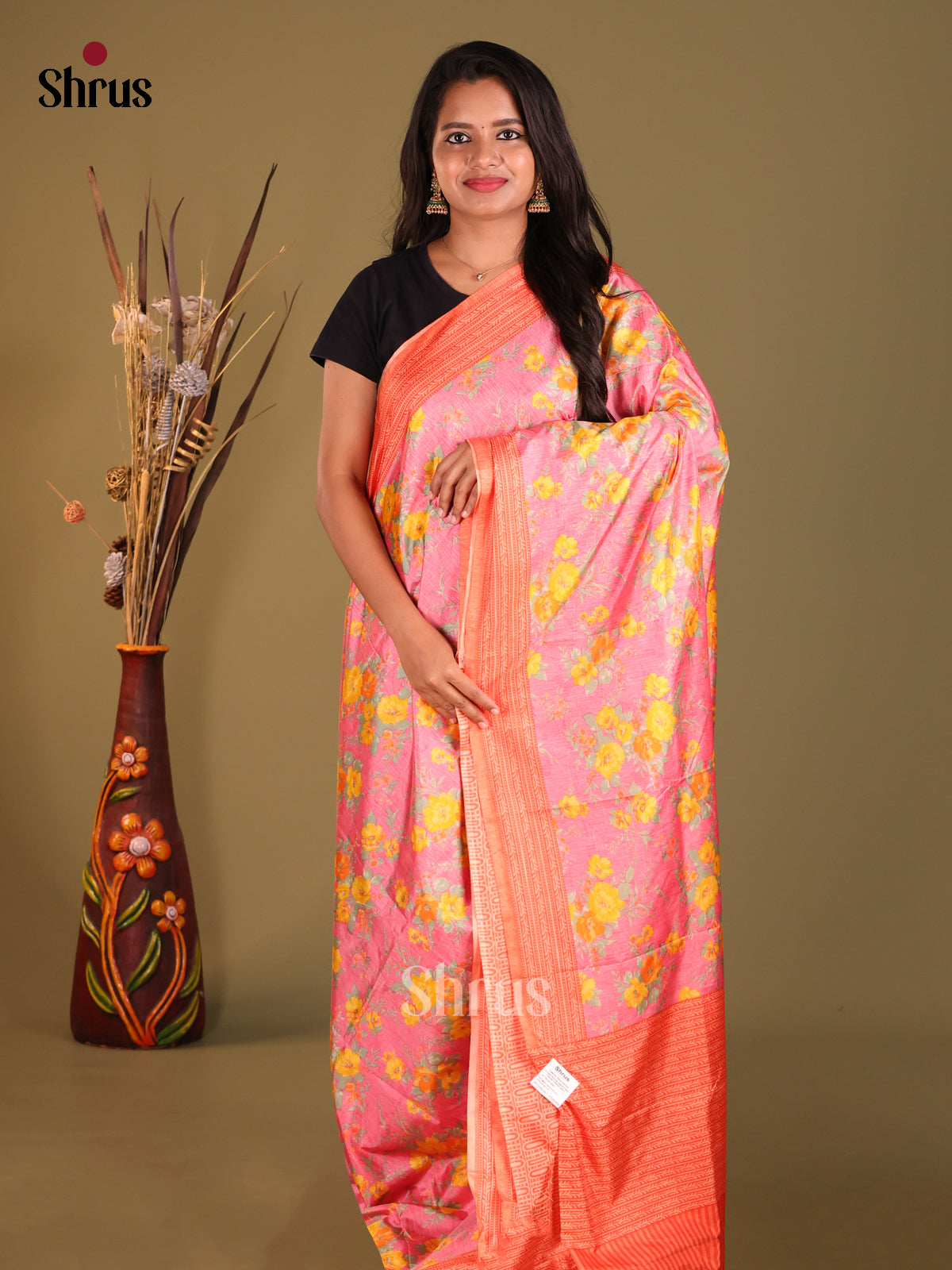 Pink & Peach - Semi Tussar Saree - Shop on Shrus.com