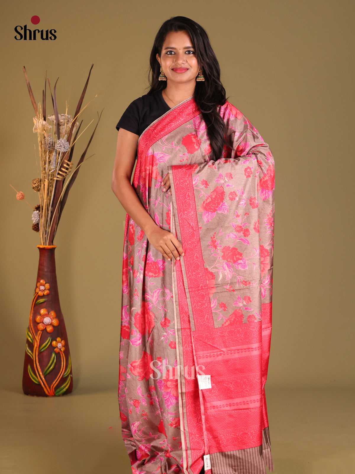 Grey & Pink - Semi Tussar Saree - Shop on Shrus.com