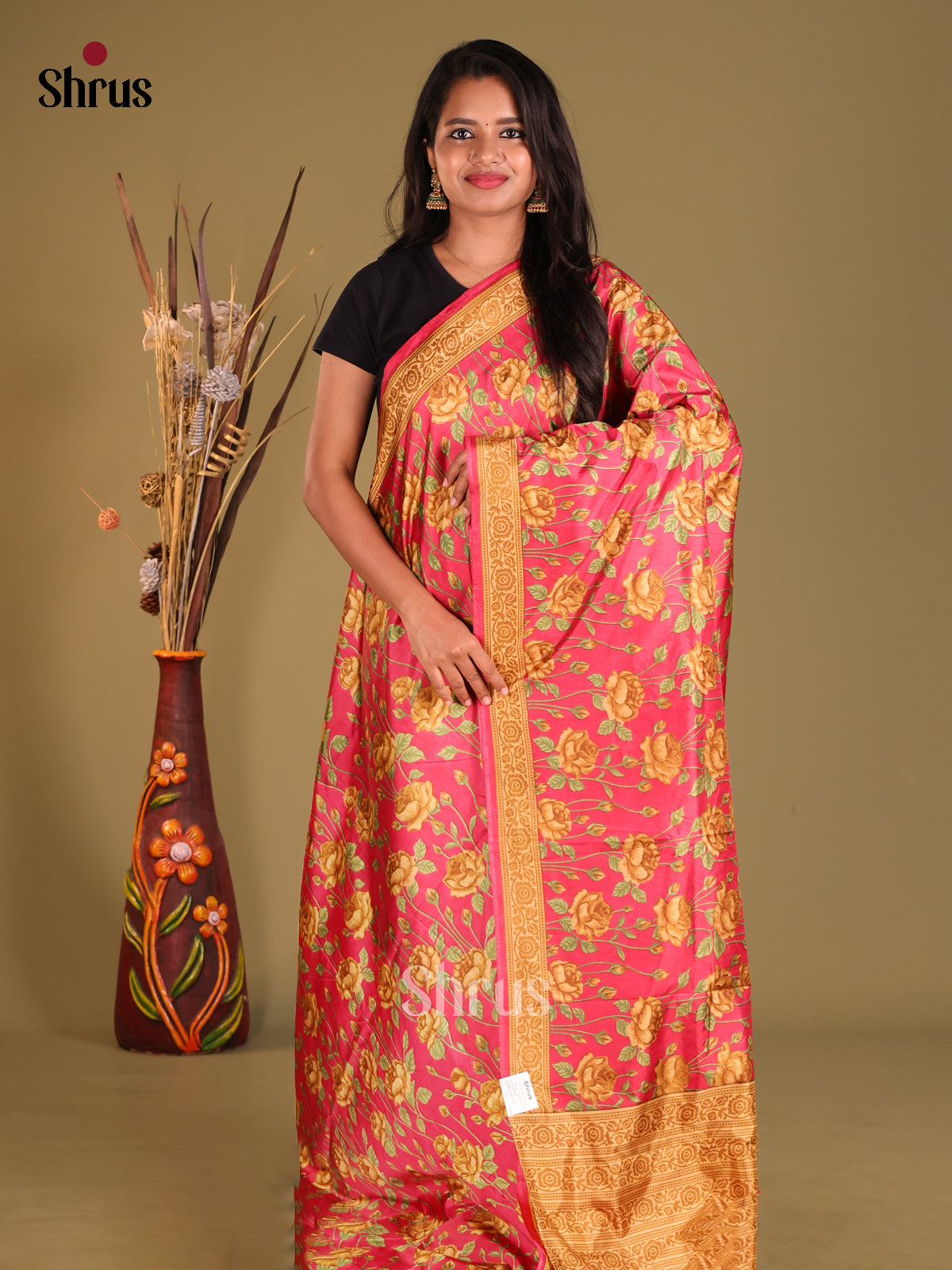 Pink & Mustard - Semi Tussar Saree - Shop on Shrus.com