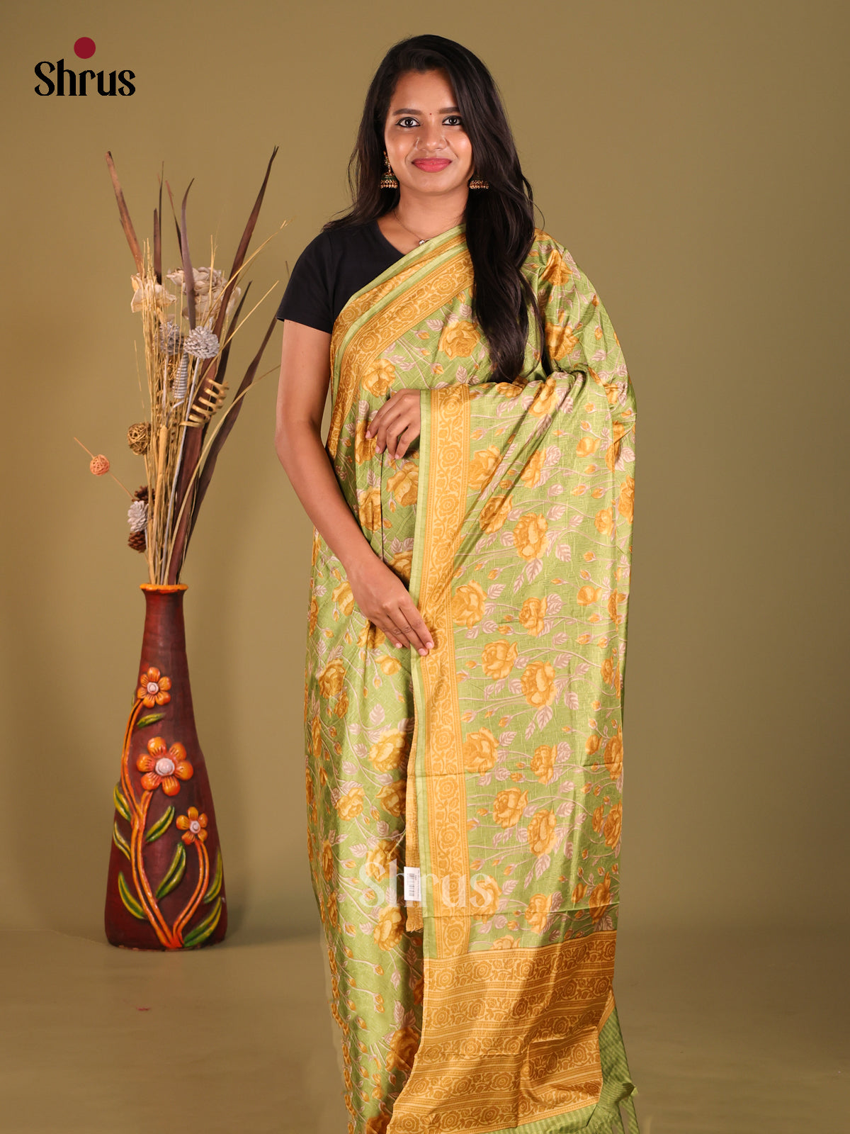 Green & Mustard - Semi Tussar Saree - Shop on Shrus.com