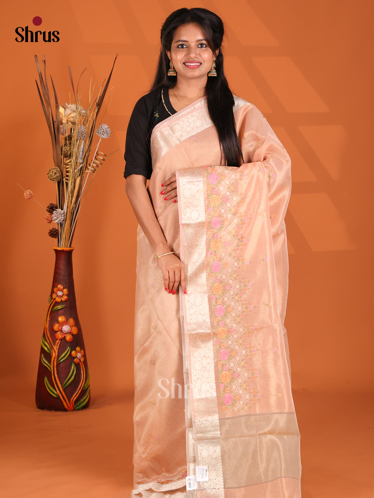 Peach - Semi Tissue Saree - Shop on Shrus.com