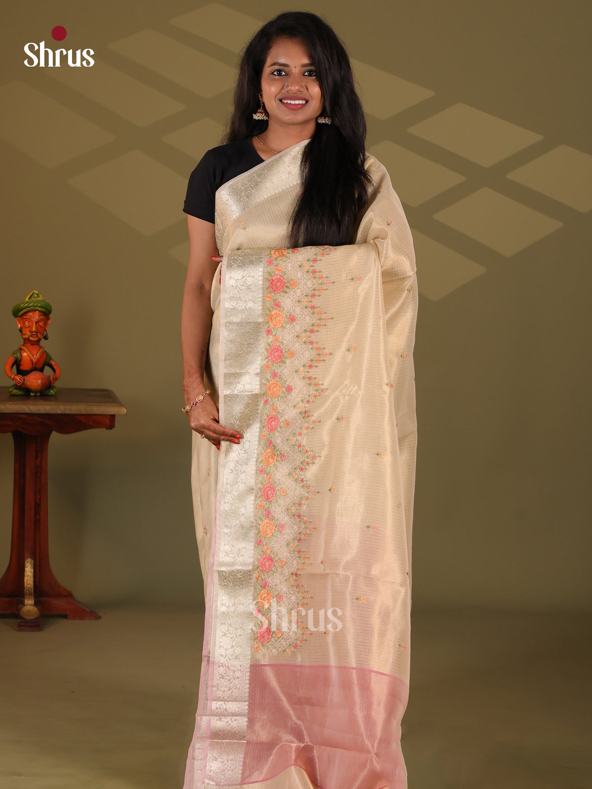 Cream & Dusty Pink- Semi Tissue Saree - Shop on Shrus.com