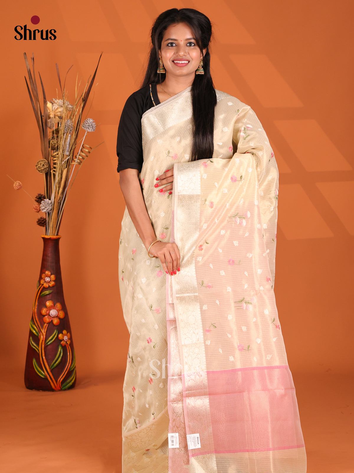 Cream & Pink- Semi Tissue Saree - Shop on Shrus.com