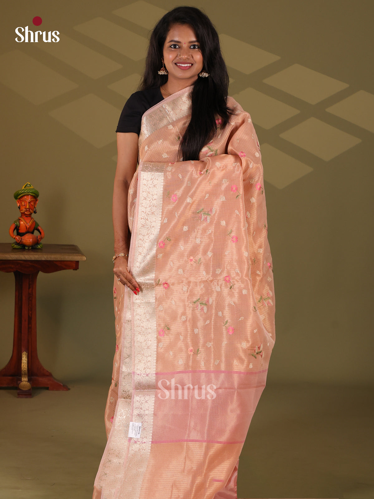 Peachish Pink - Semi Tissue Saree - Shop on Shrus.com