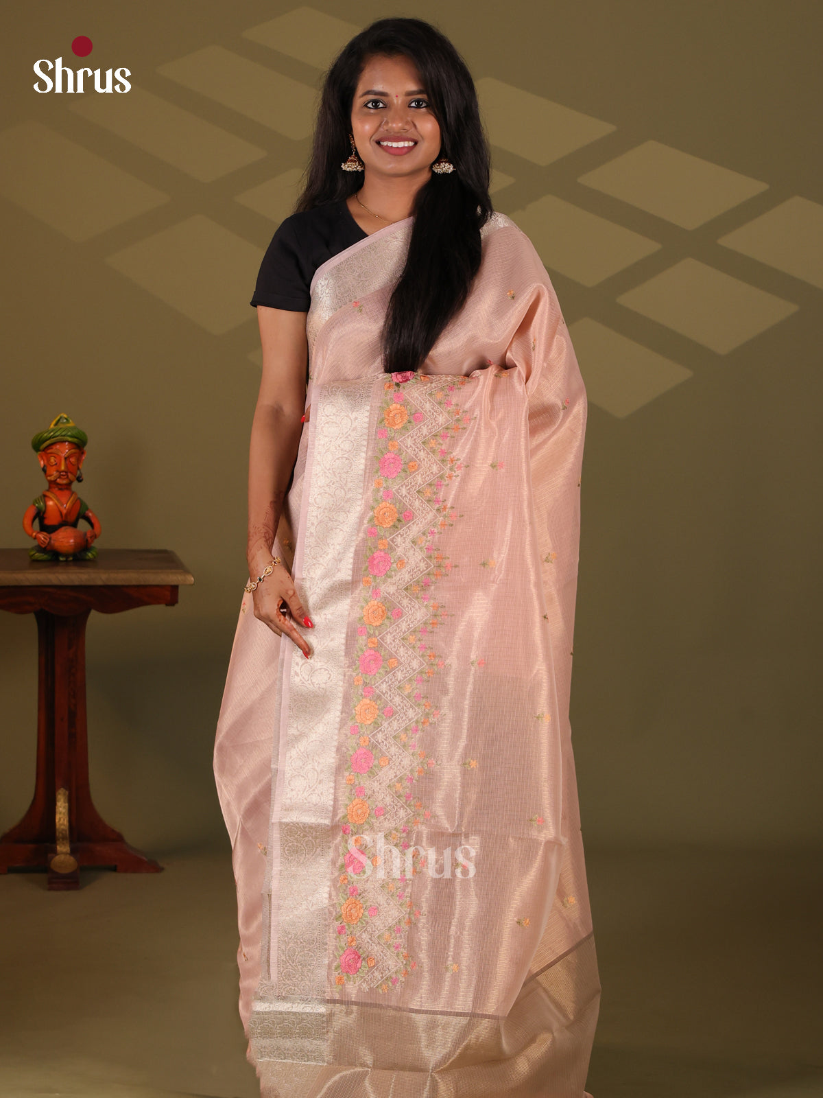 Pink & Brown - Semi Tissue Saree - Shop on Shrus.com