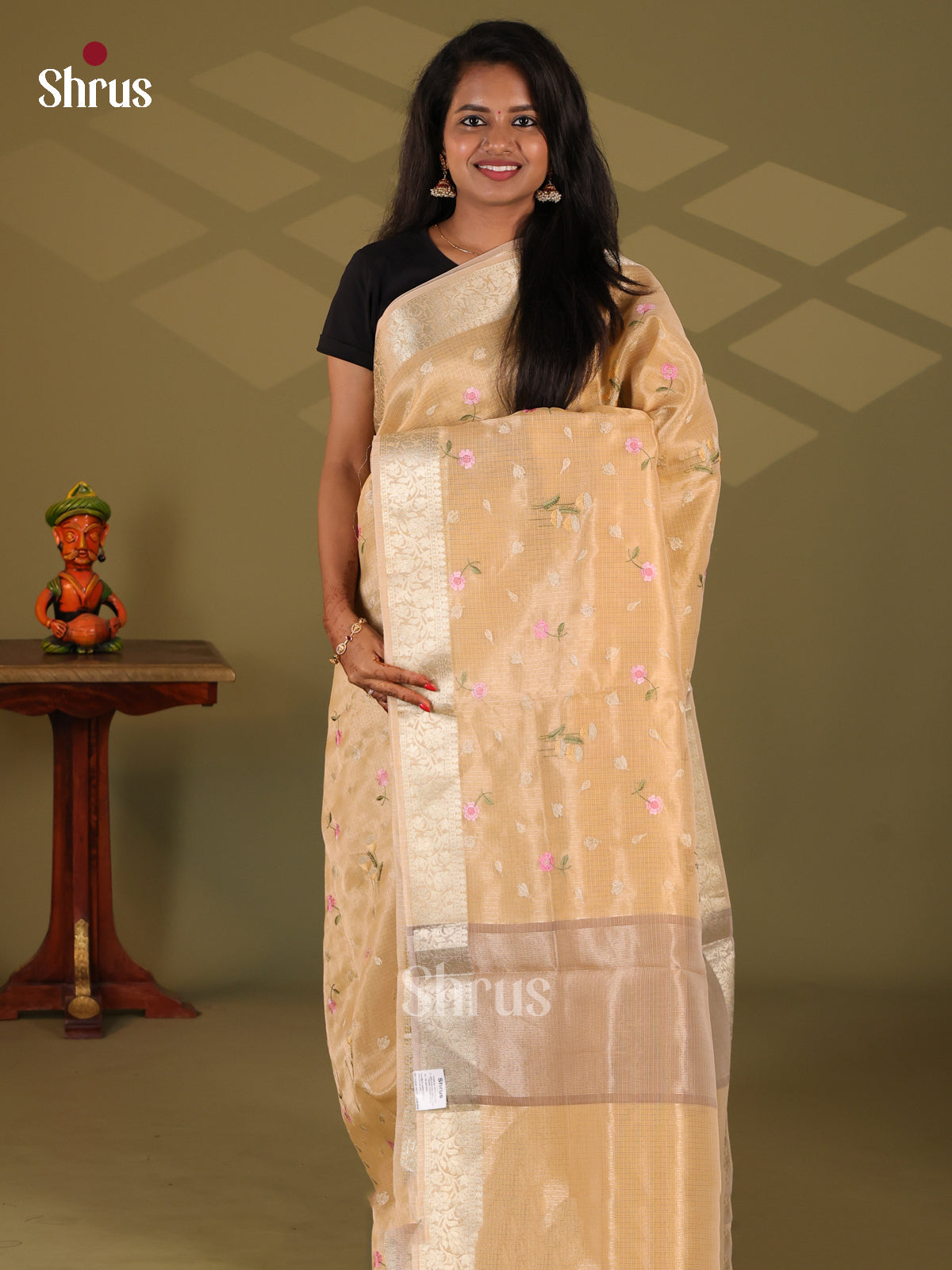 Cream & Lite Brown - Semi Tissue Saree - Shop on Shrus.com