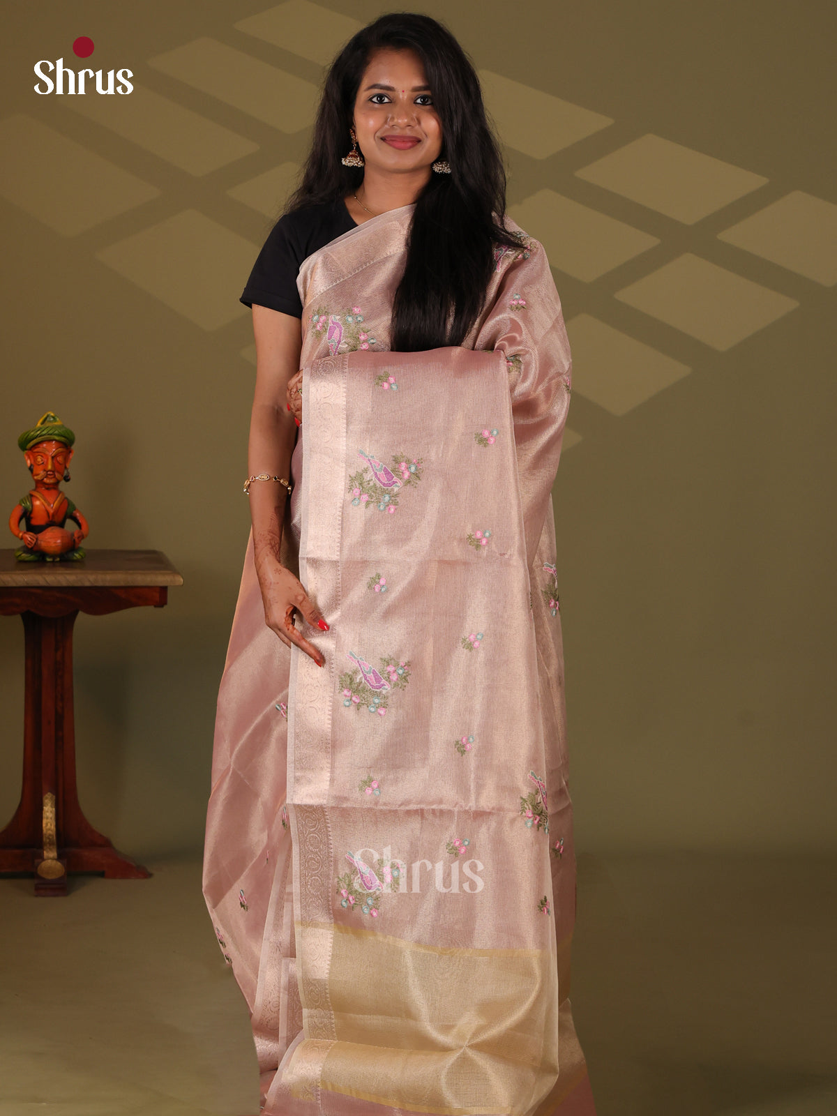Pink & Cream- Semi Tissue Saree - Shop on Shrus.com