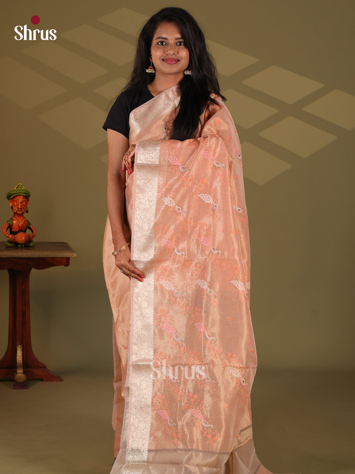 Peach - Semi Tissue Saree - Shop on Shrus.com