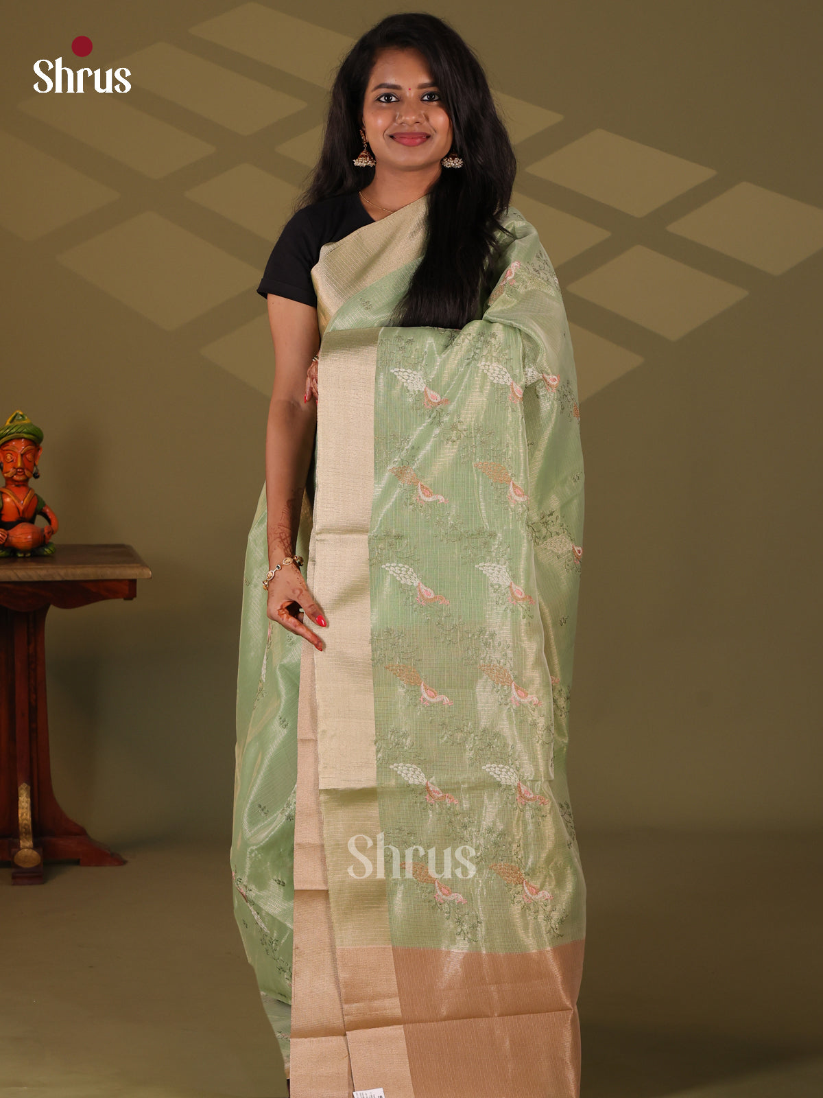 Green & Brown- Semi Tissue Saree - Shop on Shrus.com