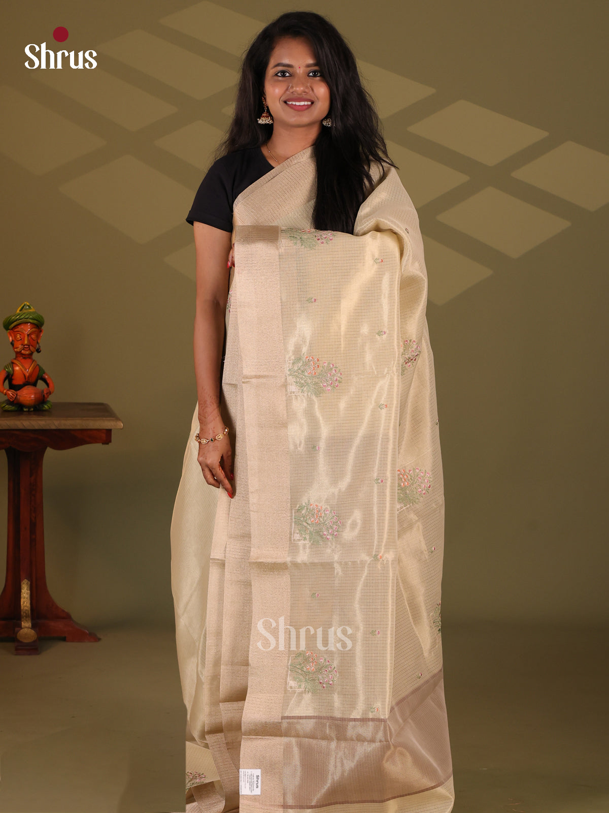 Cream - Semi Tissue Saree - Shop on Shrus.com