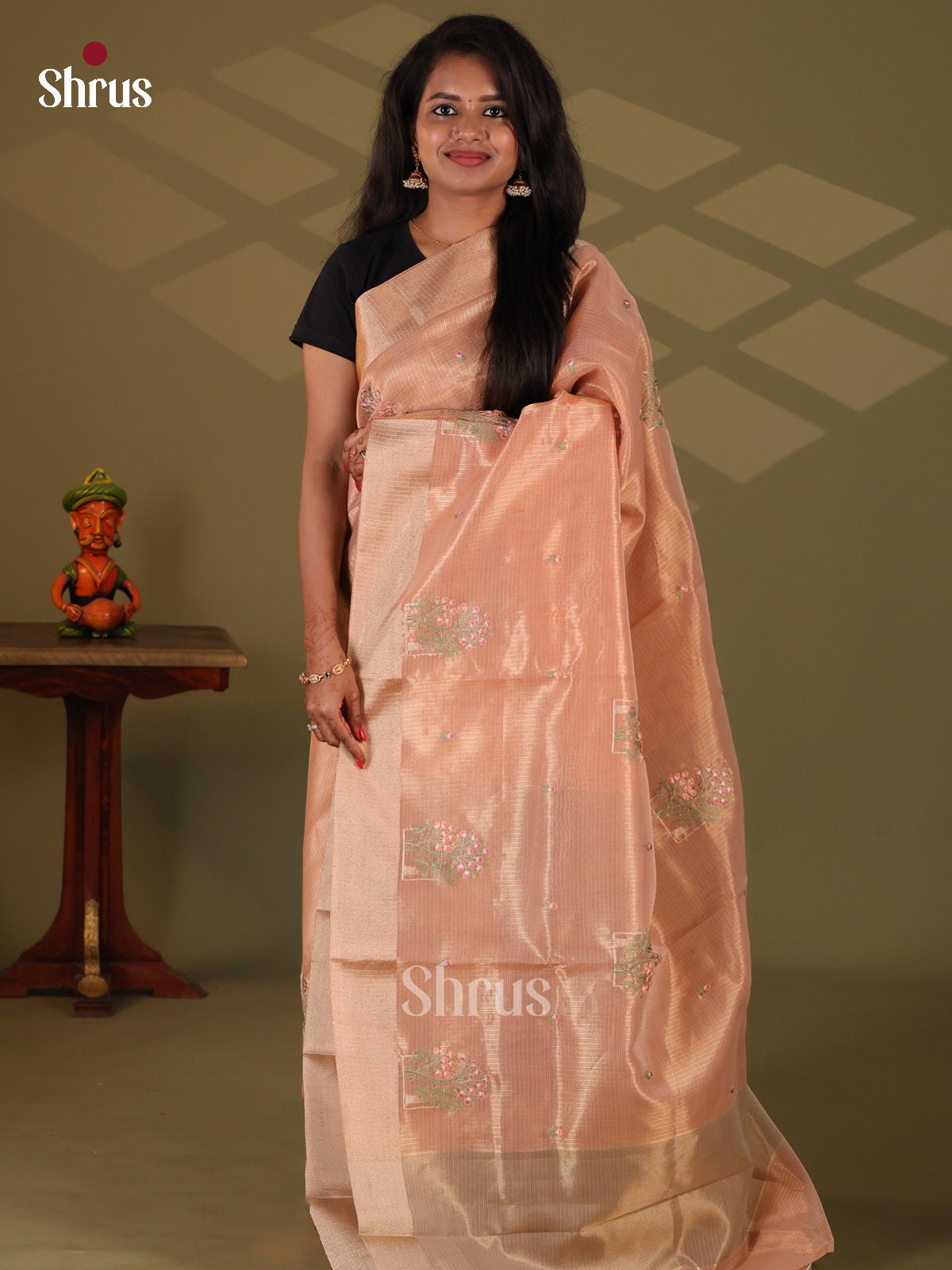 Peach - Semi Tissue Saree - Shop on Shrus.com