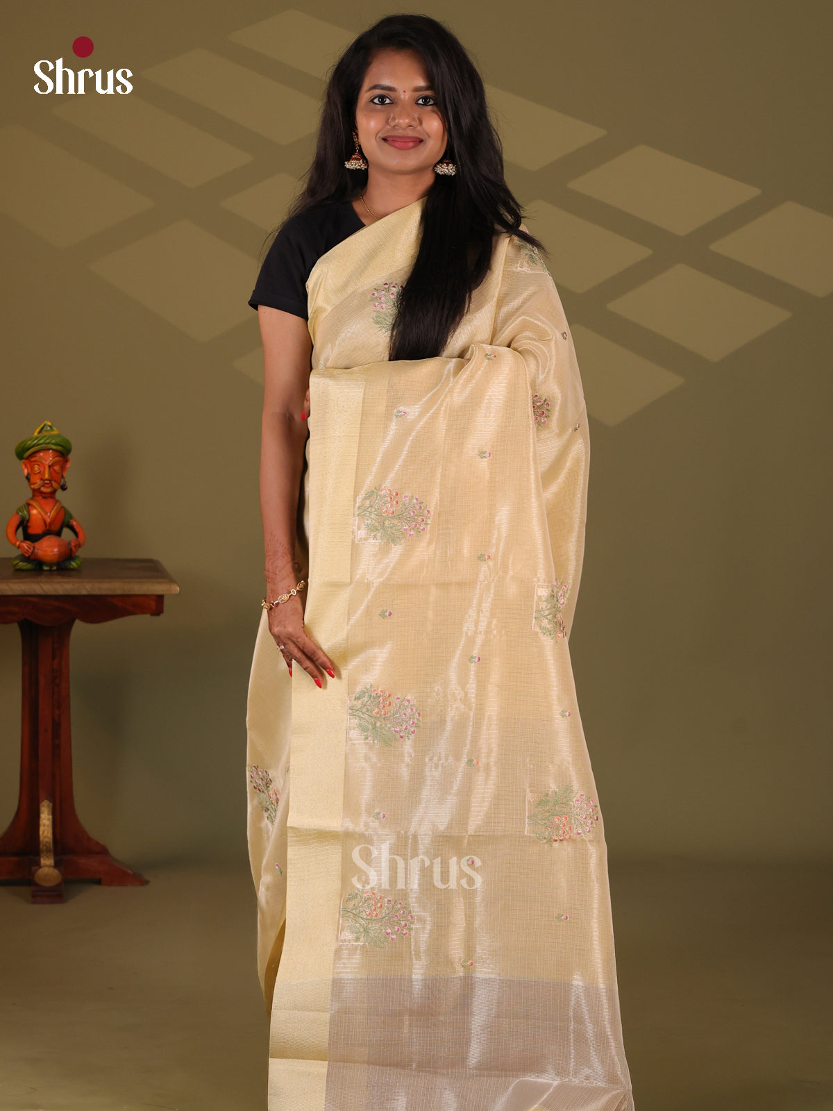 Cream with Grey - Semi Tissue Saree - Shop on Shrus.com