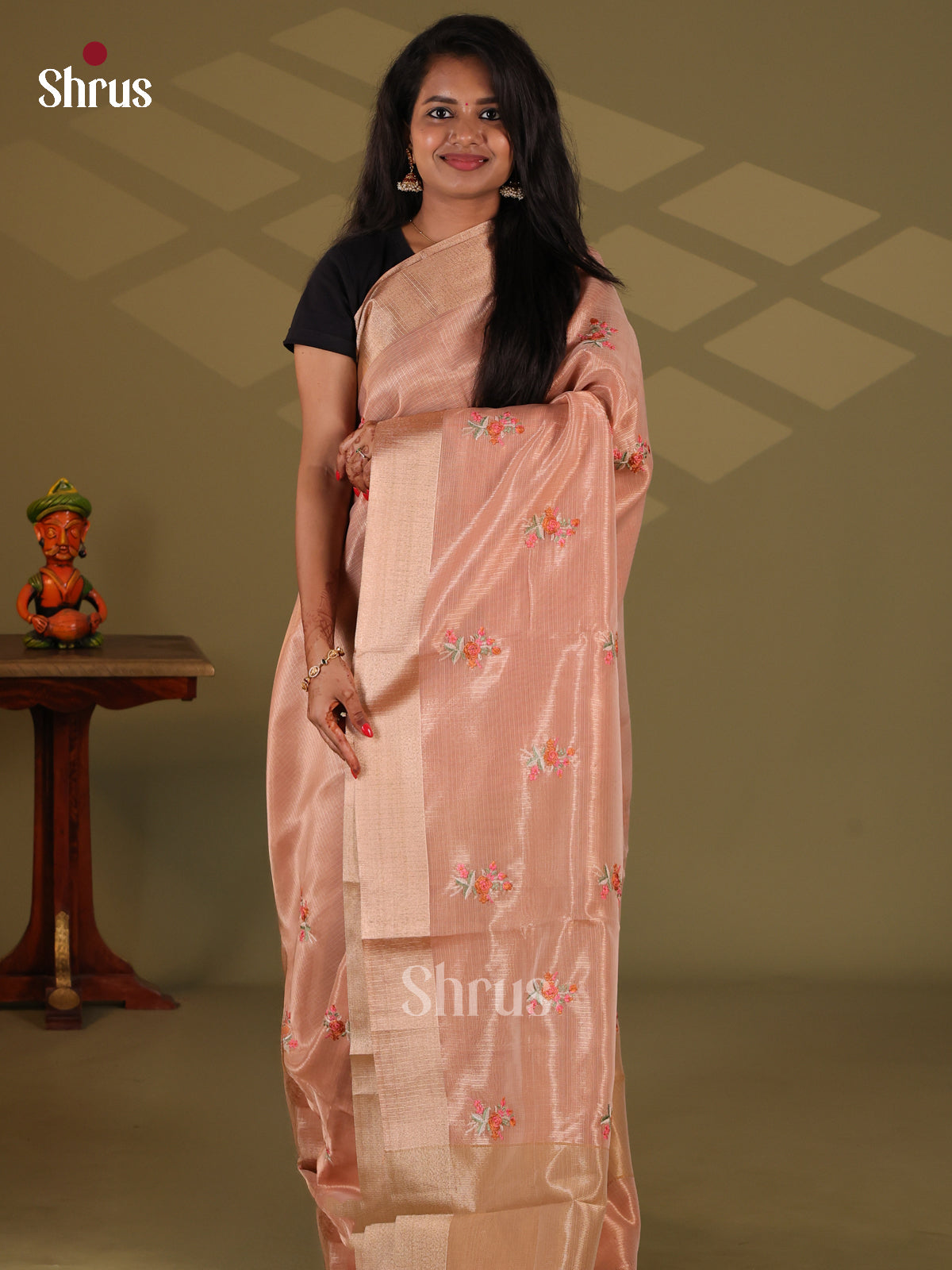 Peachish Pink - Semi Tissue Saree - Shop on Shrus.com