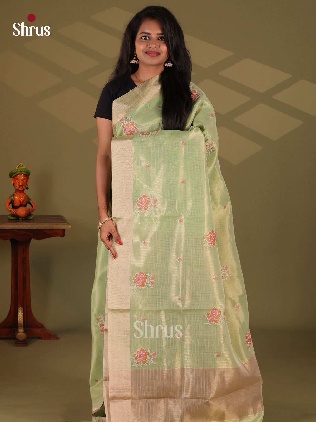 Lite Green- Semi Tissue Saree - Shop on Shrus.com