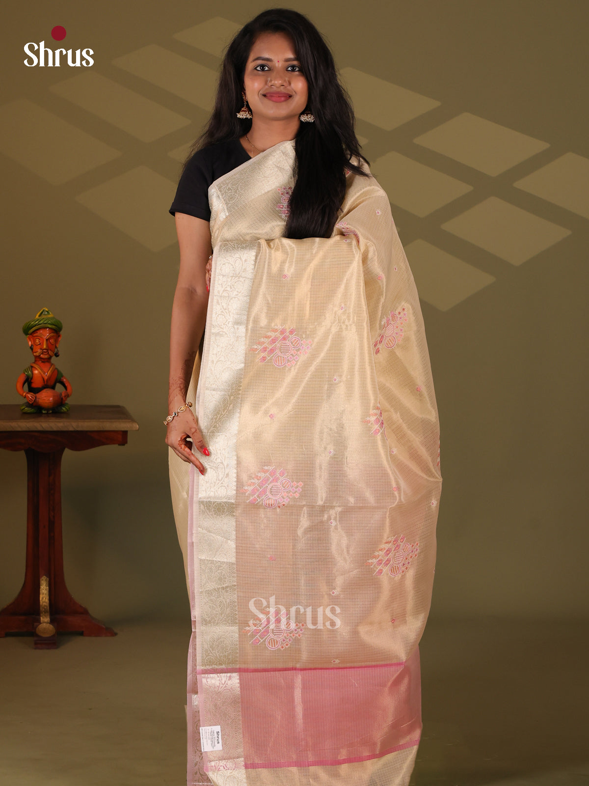 Cream & Pink- Semi Tissue Saree - Shop on Shrus.com