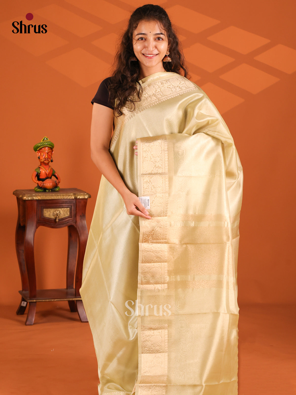 Goldish Green - Semi Tissue saree - Shop on Shrus.com