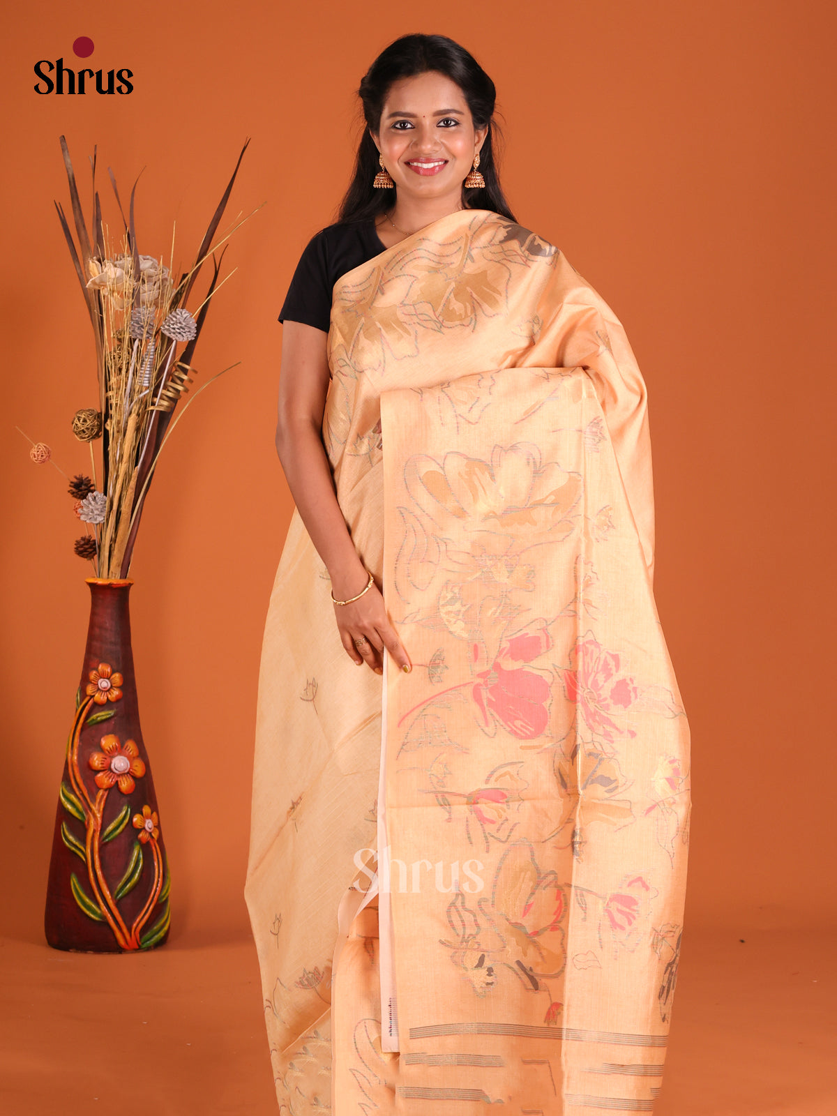 Peach - Semi Tussar Saree - Shop on Shrus.com