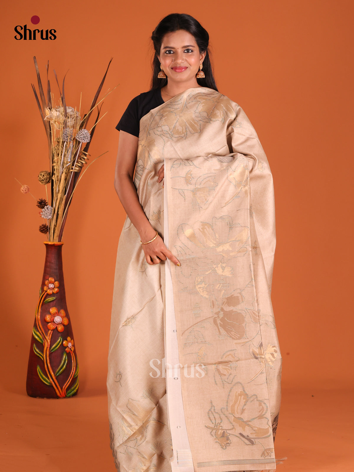 Cream - Semi Tussar Saree - Shop on Shrus.com