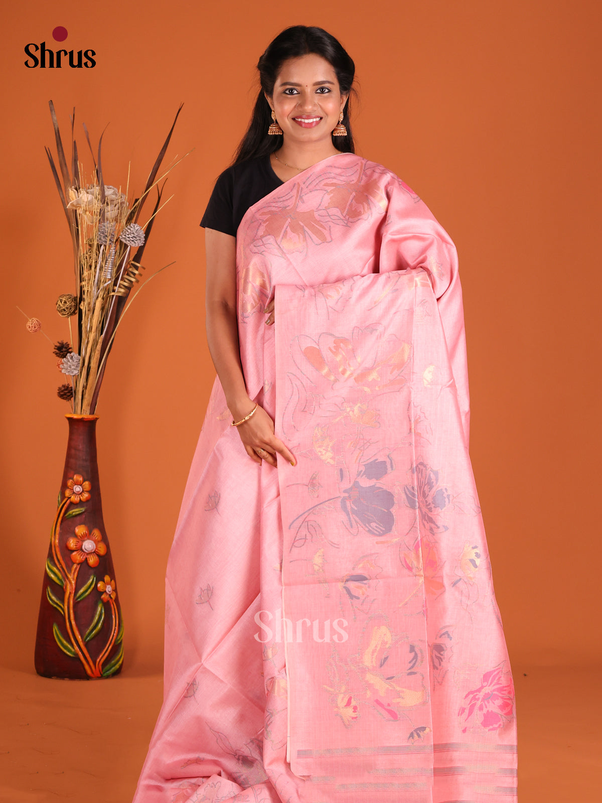 Pink - Semi Tussar Saree - Shop on Shrus.com