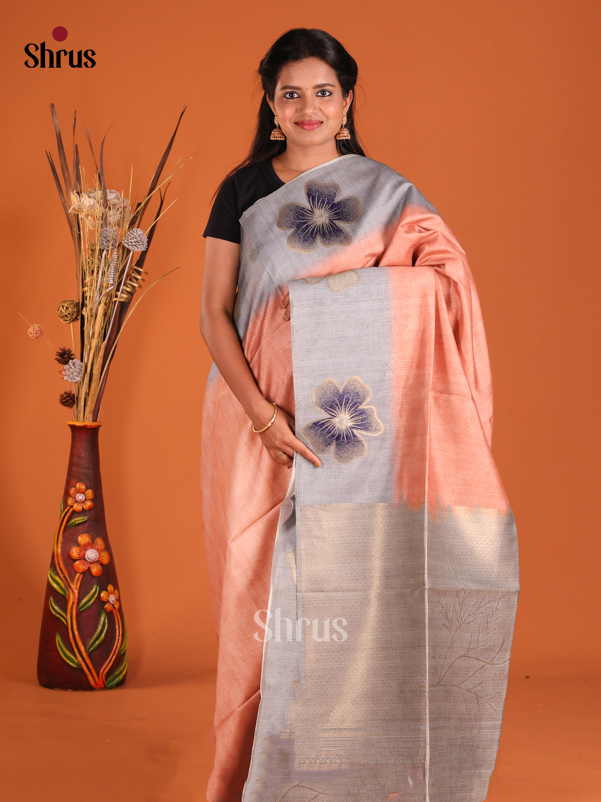 Peach & Grey- Semi Tussar Saree - Shop on Shrus.com