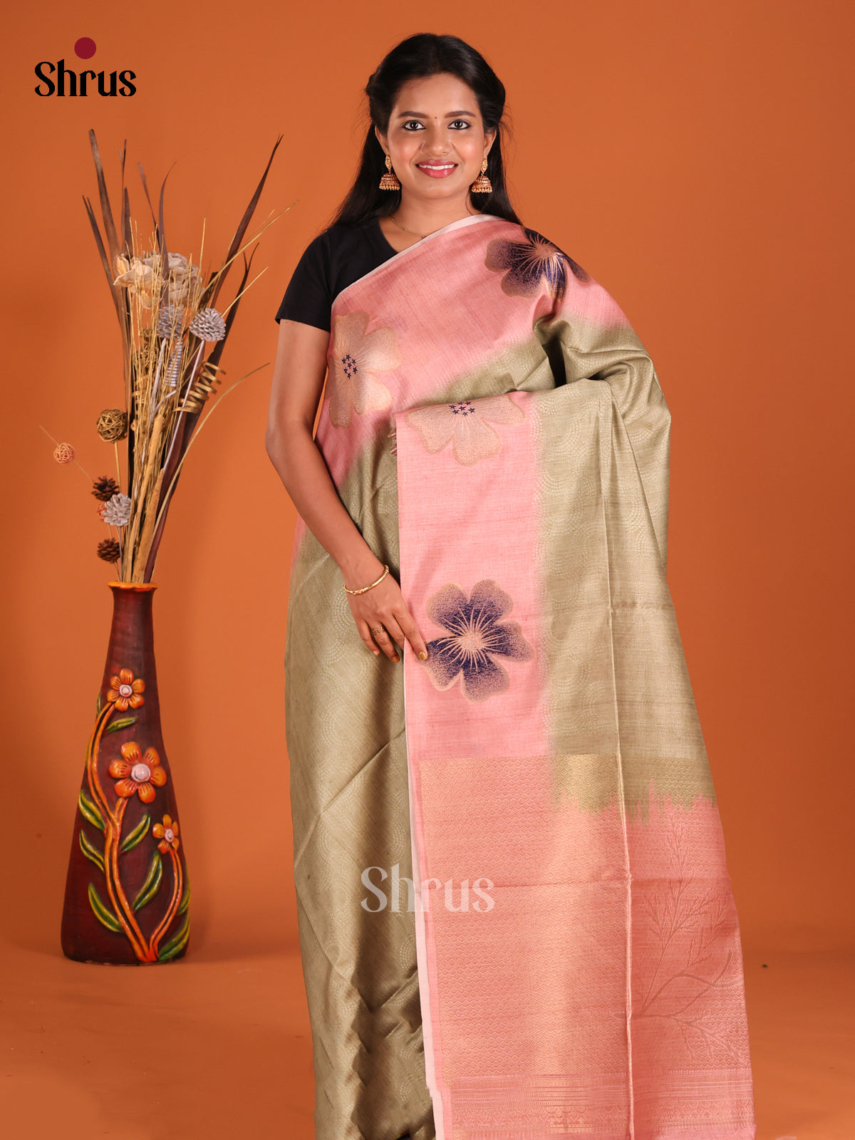 Beige & Pink - Semi Tussar Saree - Shop on Shrus.com